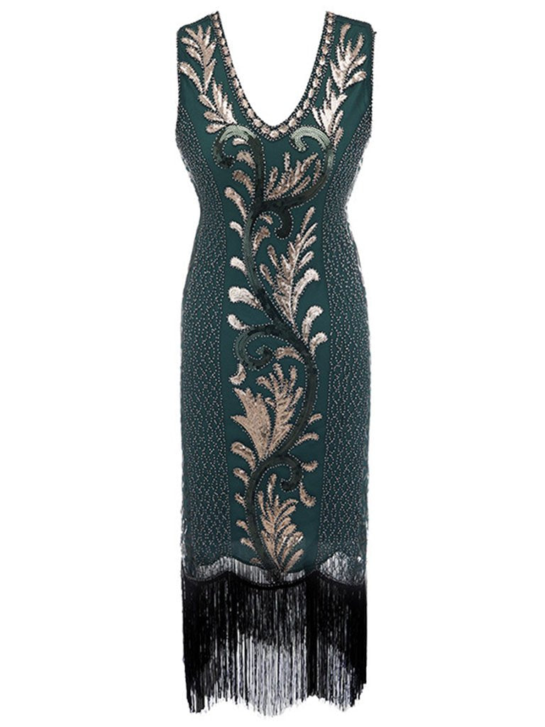6 Color 1920s Sequined Fringe Peacock Flapper Dress, Green / 3XL