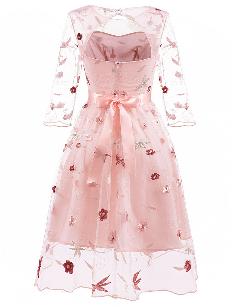 Round Collar Solid Color Embroidered Flower A line Vintage Maxi Dress – Jolly Vintage