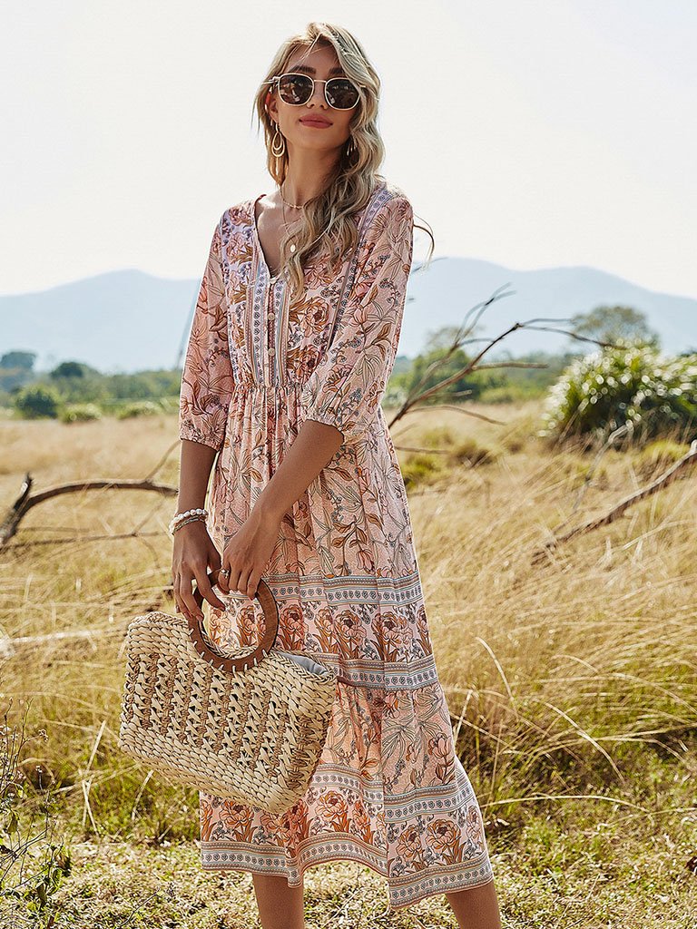 Boho Dress V-Neck Half Sleeves Floral Printed Stretch Pleated Maxi Beach Dress Boho Dress V-Neck Half Sleeves Floral Printed Stretch Pleated Maxi Beach Dress