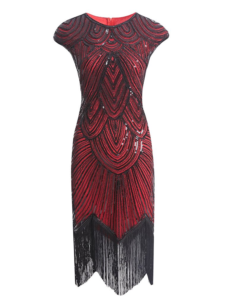 Wine Red 1920s Sequined Gatsby Flapper Dress Set Black Red / 4XL Wine Red 1920s Sequined Gatsby Flapper Dress Set Black Red / 4XL