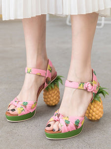 Fruit Heel Pineapple Print Platform Bow Vinatge Sandals