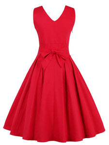 50s Retro Style Solid Color V Neck Dress