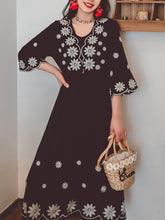Load image into Gallery viewer, Jolly Vintage Women&#39;s Embroidered Floral 3/4 Sleeves V Neck Boho Dress