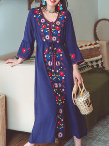Jolly Vintage Bohemian V Neck Embroidered Floral Flared Long Sleeve Boho Dress