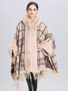 Faux Fur Coat Women Plaid Poncho Long Sleeve Batwing Oversized Cape Coat 
