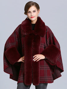 Plaid Women Poncho Sweater Faux Fur Coat Shawl Collar