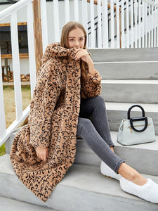 Faux Fur Coat Women Leopard Hooded Long Sleeve Oversized Winter Coat 