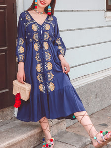 Women's Bohemian Floral Embroidered V Neck 3/4 Sleeves Front Split Button Maxi Boho Dress