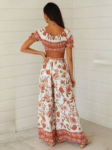 2 Pieces Boho Outfits Cropped Floral Printed Beach Wear For Women