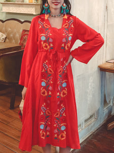 Jolly Vintage Women's Embroidered Floral Long Sleeves Square Neck Boho Dress