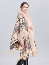 Load image into Gallery viewer, Faux Fur Coat Women Plaid Poncho Long Sleeve Batwing Oversized Cape Coat