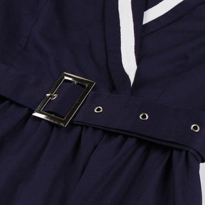 Navy 1950s V Neck Vintage Swing Dress With Belt
