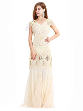 Load image into Gallery viewer, Green 1920s V Neck Sequined Long Flapper Dress