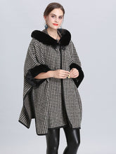Load image into Gallery viewer, Faux Fur Coat Wool Cape Coat Hooded Long Sleeve Women Gingham Overcoat