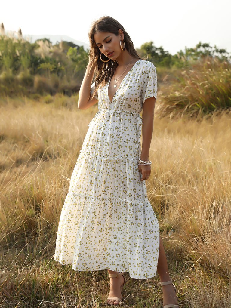 V Neck Boho Semi Formal Long Dress Women Summer Boho Sexy Flowers Dress With V-Neck White S V Neck Boho Semi Formal Long Dress Women Summer Boho Sexy Flowers Dress With V-Neck White S