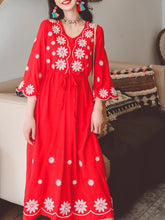 Load image into Gallery viewer, Jolly Vintage Women&#39;s Embroidered Floral 3/4 Sleeves V Neck Boho Dress