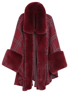 Plaid Women Poncho Sweater Faux Fur Coat Shawl Collar