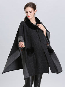Faux Fur Coat Wool Cape Coat Half Sleeve Women ‘s Overcoat With Pockets