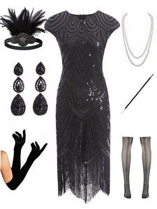 1920s Gatsby Sequined Fringed Flapper Dress Set