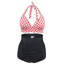 Load image into Gallery viewer, Vintage-Inspired Black Plaid Halter High-Waisted Bikini Set