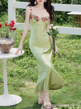 Load image into Gallery viewer, 1930S Green Flower Embroidered Lace Angel Spaghetti Strap Satin Dress