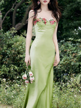 Load image into Gallery viewer, 1930S Green Flower Embroidered Lace Angel Spaghetti Strap Satin Dress