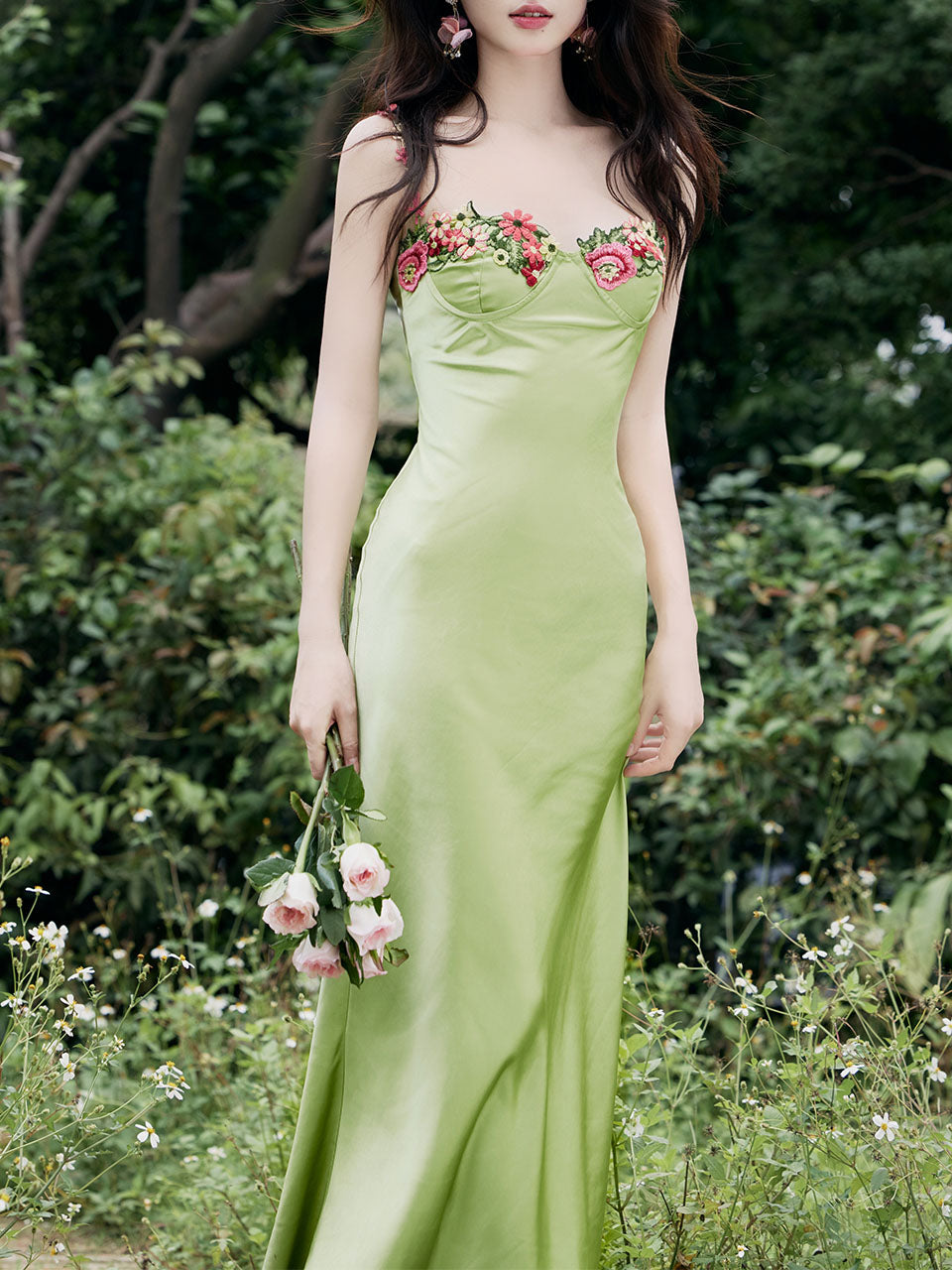 1930S Green Flower Embroidered Lace Angel Spaghetti Strap Satin Dress