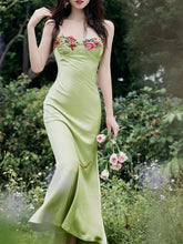Load image into Gallery viewer, 1930S Green Flower Embroidered Lace Angel Spaghetti Strap Satin Dress