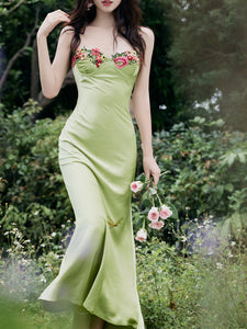 1930S Green Flower Embroidered Lace Angel Spaghetti Strap Satin Dress