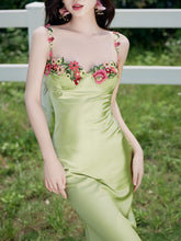 Load image into Gallery viewer, 1930S Green Flower Embroidered Lace Angel Spaghetti Strap Satin Dress
