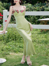 Load image into Gallery viewer, 1930S Green Flower Embroidered Lace Angel Spaghetti Strap Satin Dress
