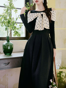 Retro Polka Dot Bow Top and Black Skirt 1950s Vintage Suit
