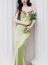 Load image into Gallery viewer, 1930S Green Flower Embroidered Lace Angel Spaghetti Strap Satin Dress