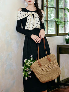 Retro Polka Dot Bow Top and Black Skirt 1950s Vintage Suit