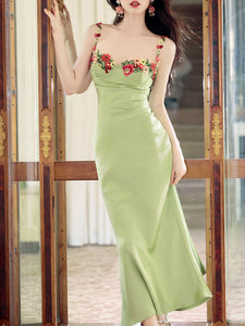 1930S Green Flower Embroidered Lace Angel Spaghetti Strap Satin Dress