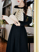 Load image into Gallery viewer, Retro Polka Dot Bow Top and Black Skirt 1950s Vintage Suit