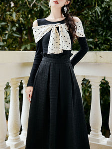 Retro Polka Dot Bow Top and Black Skirt 1950s Vintage Suit