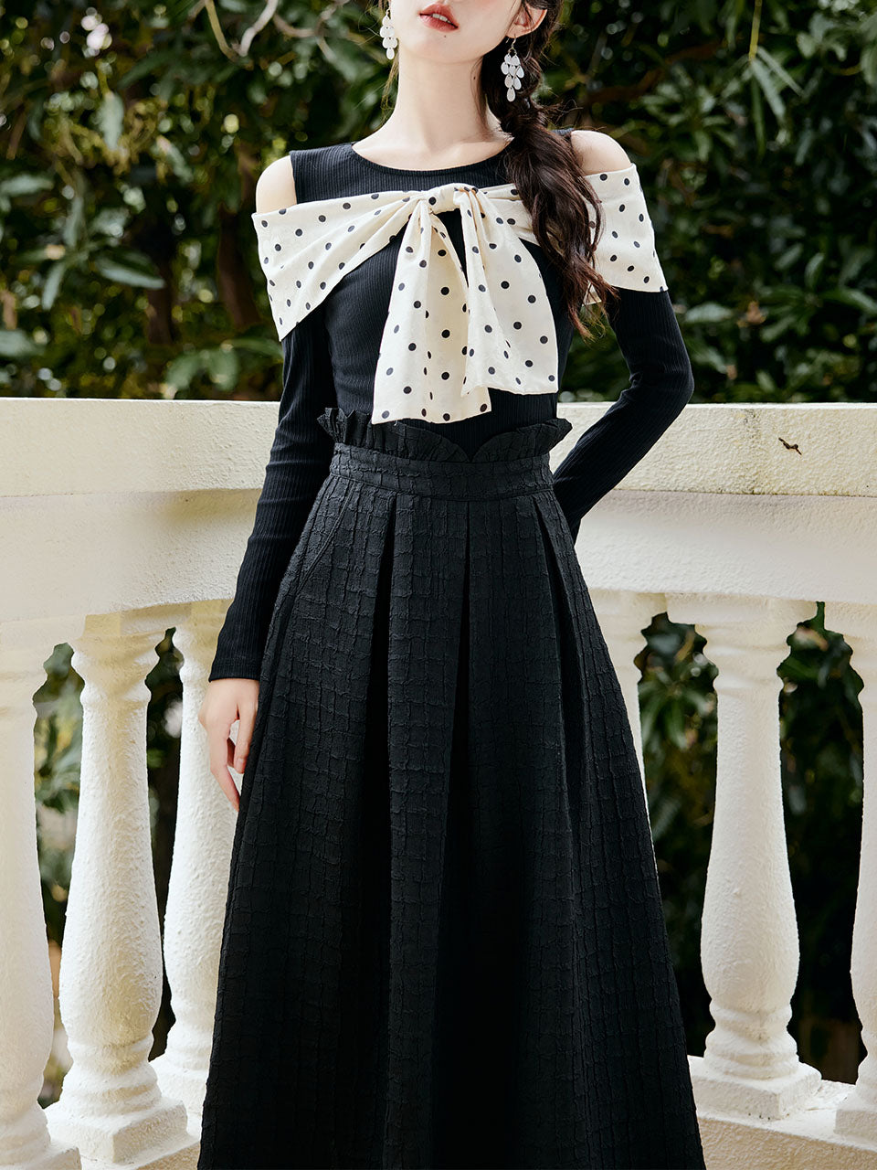 Retro Polka Dot Bow Top and Black Skirt 1950s Vintage Suit