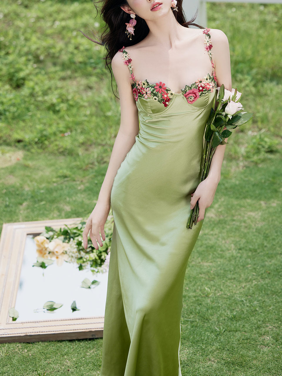 1930S Green Flower Embroidered Lace Angel Spaghetti Strap Satin Dress Green / S 1930S Green Flower Embroidered Lace Angel Spaghetti Strap Satin Dress Green / S