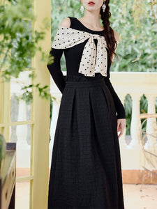 Retro Polka Dot Bow Top and Black Skirt 1950s Vintage Suit