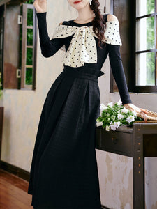 Retro Polka Dot Bow Top and Black Skirt 1950s Vintage Suit