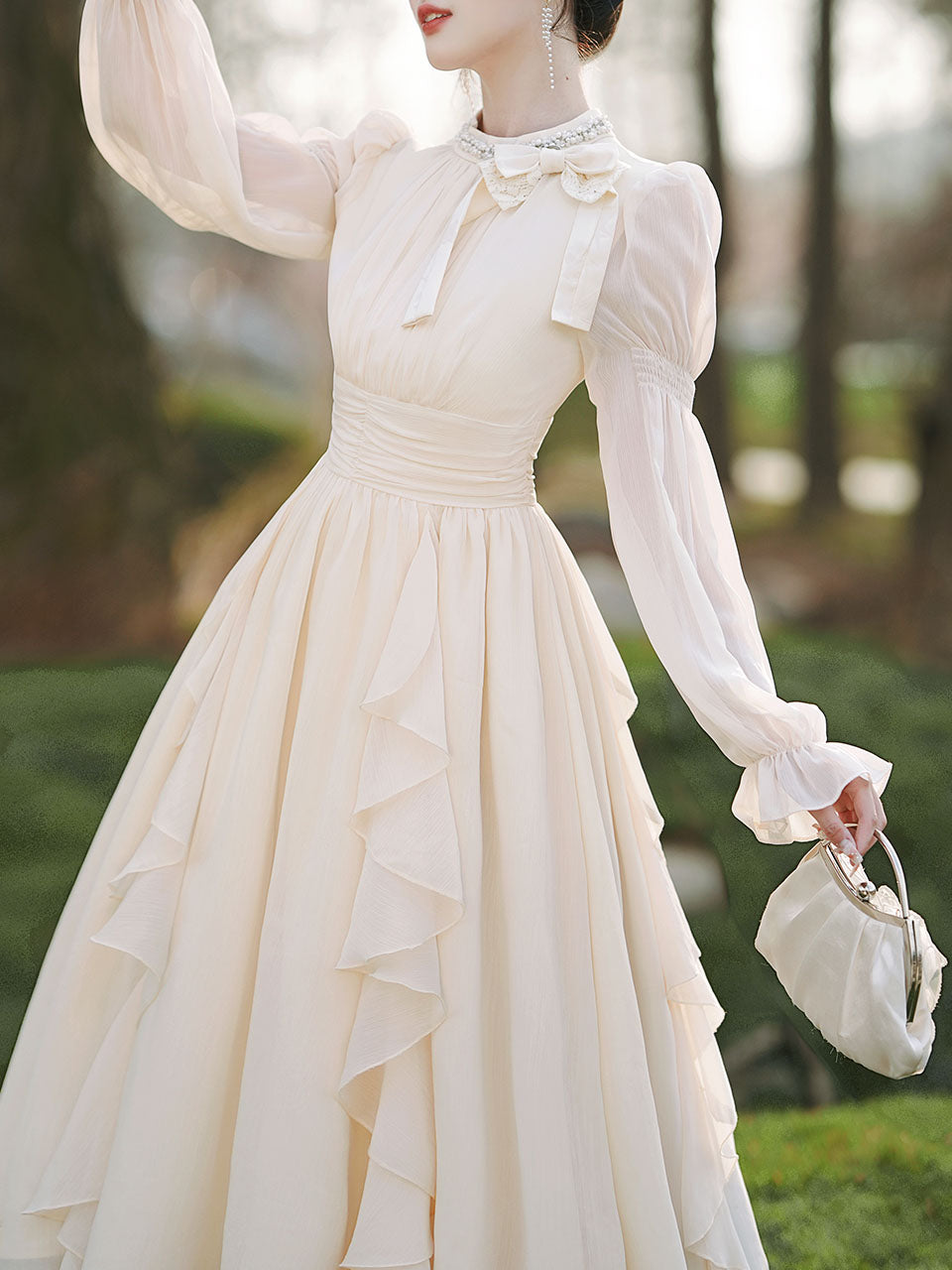 Apricot Bow Collar Wedding Vintage Fairy Dress, Apricot / L Apricot Bow Collar Wedding Vintage Fairy Dress, Apricot / L
