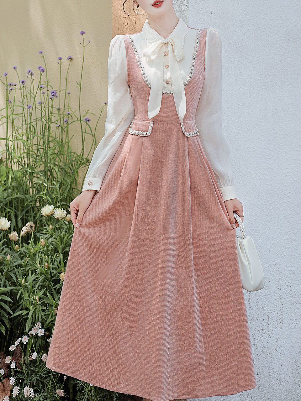 long sleeve pink bow dress White and Pink Bow Fake Two-piece Velvet Long Sleeve Vintage 1950S Swing Dress, Pink / L