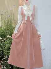Load image into Gallery viewer, White and Pink Bow Fake Two-piece Velvet Long Sleeve Vintage 1950S Swing Dress