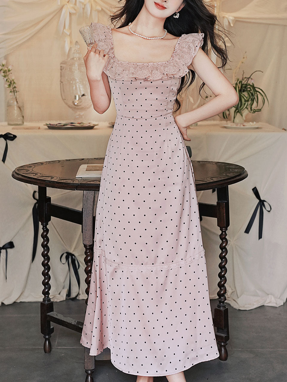 Pink Polka Dots Lace U-neck 1930S Vintage Dress, Pink / S