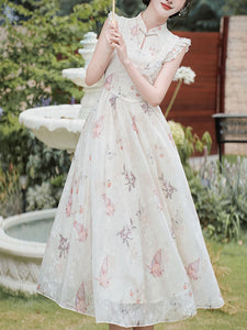 White Ruffles Sleeve Butterfly Print 1950S Vintage Dress