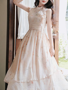 Pink Ruffles Floral Print Halter Neck 1950S Vintage Dress