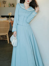 Load image into Gallery viewer, 2PS Lake Blue Sailor Collar Tweed Coat With Swing Skirt 1950S Vintage Audrey Hepburn&#39;s Style Outfits