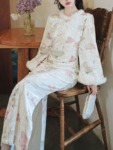 Load image into Gallery viewer, White Lotus Print Velvet Cuffs Rabbit Fur Lined Plush Cheongsam Dress
