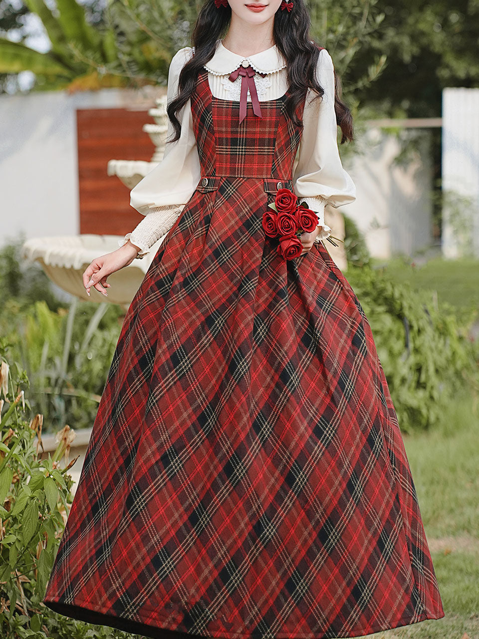 Red Tartan Wool Blend Jumper Dress with White Long Sleeve Blouse Red / XS Red Tartan Wool Blend Jumper Dress with White Long Sleeve Blouse Red / XS